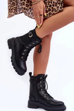 Discount Boto Skórzane Damskie Botki Workery Czarne Chrezy