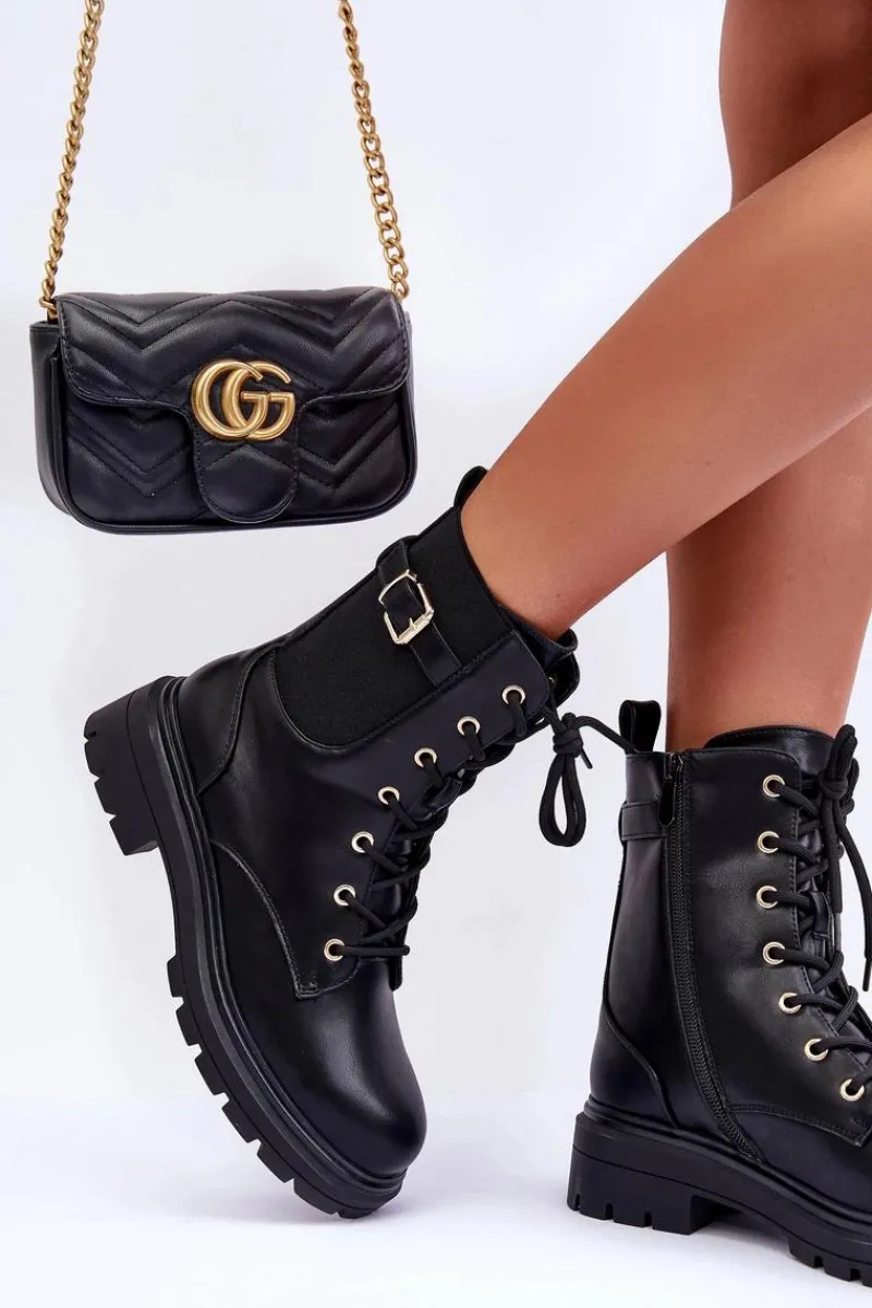 Discount Boto Skórzane Damskie Botki Workery Czarne Chrezy