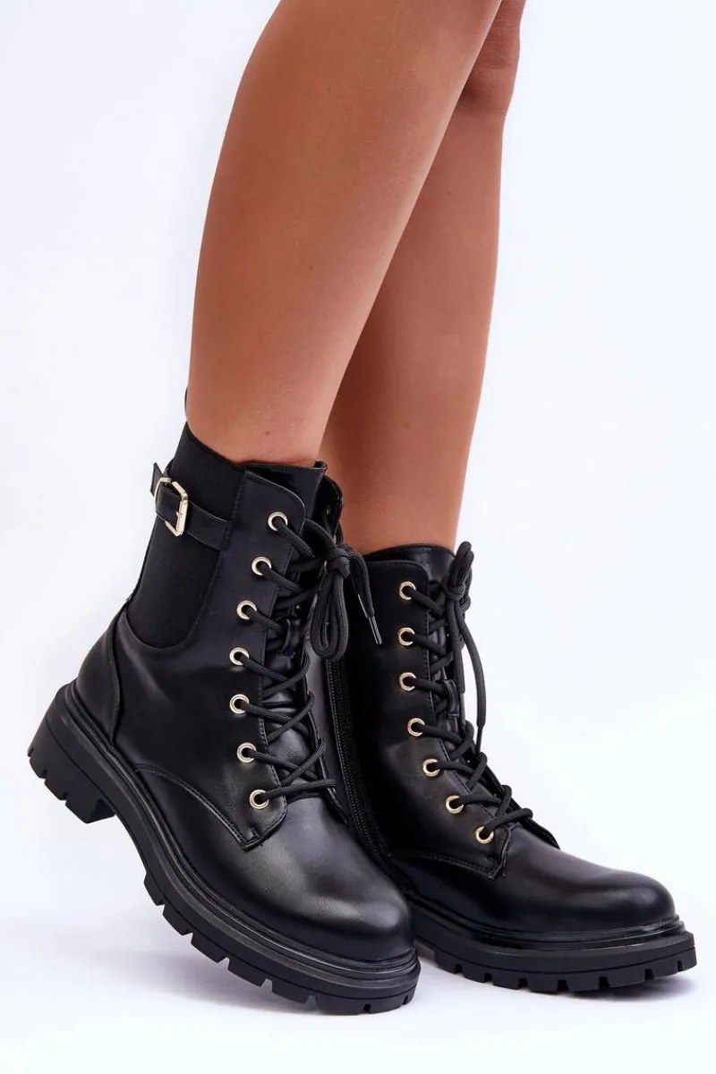 Discount Boto Skórzane Damskie Botki Workery Czarne Chrezy