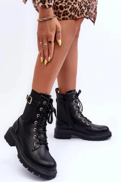 Discount Boto Skórzane Damskie Botki Workery Czarne Chrezy