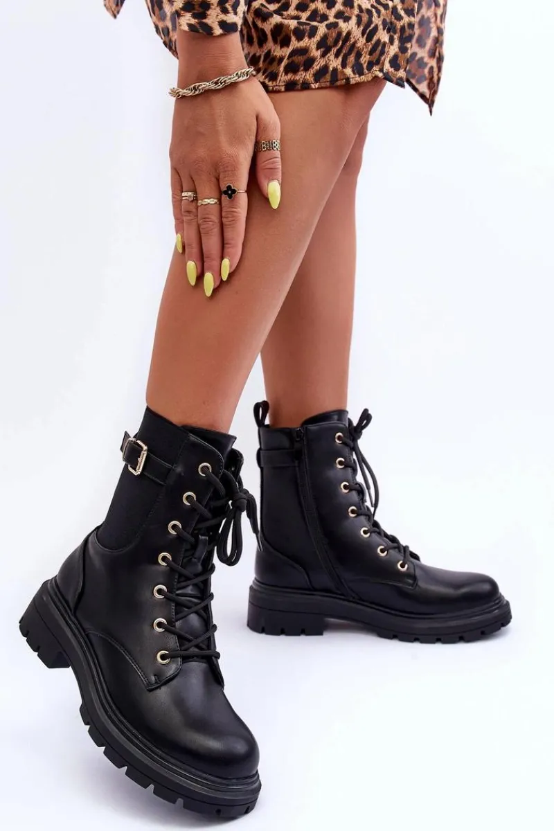 Discount Boto Skórzane Damskie Botki Workery Czarne Chrezy