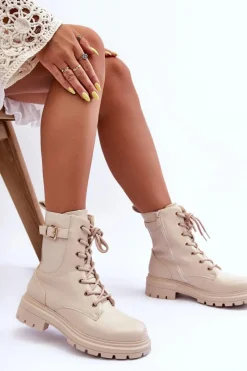 Hot Boto Skórzane Damskie Botki Workery Beżowe Chrezy