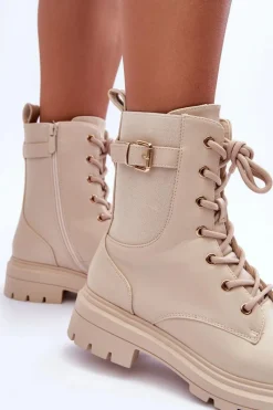 Hot Boto Skórzane Damskie Botki Workery Beżowe Chrezy