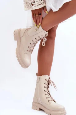 Hot Boto Skórzane Damskie Botki Workery Beżowe Chrezy