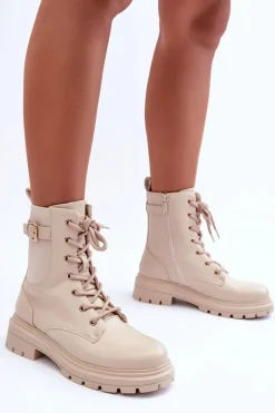Hot Boto Skórzane Damskie Botki Workery Beżowe Chrezy