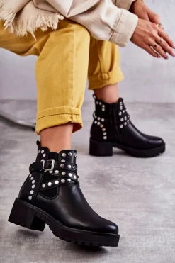 Czarne Botki|Botki Zimowe Damskie>Boto Skórzane Damskie Botki Z Ozdobnymi Ćwiekami Czarne Sanchez