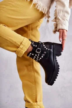 Czarne Botki|Botki Zimowe Damskie>Boto Skórzane Damskie Botki Z Ozdobnymi Ćwiekami Czarne Sanchez