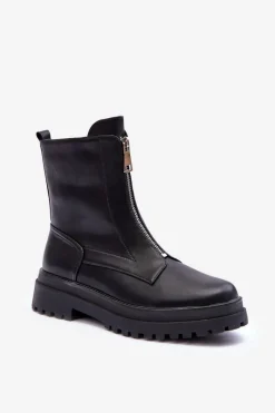 Czarne Botki|Botki Płaskie>Boto Skórzane Damskie Botki Z Suwakiem Czarne Chlorike