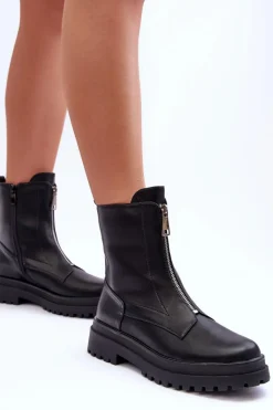 Czarne Botki|Botki Płaskie>Boto Skórzane Damskie Botki Z Suwakiem Czarne Chlorike