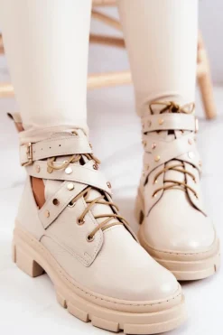 Botki Wiosenne|Botki Skórzane>Boto Skórzane Damskie Botki Z Wycięciami Jasnobeżowe Everly Beżowy