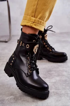 Outlet Boto Skórzane Damskie Botki Z Ćwiekami Czarne Leticia