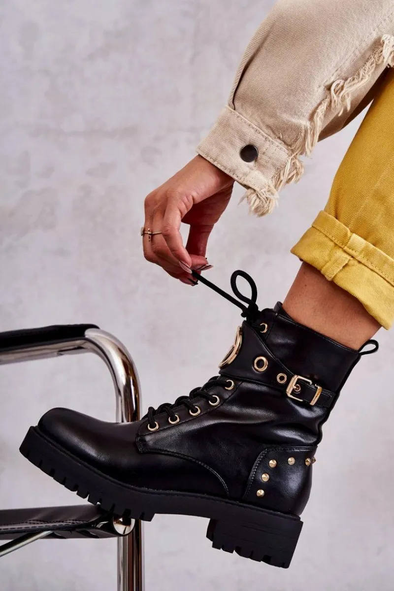 Outlet Boto Skórzane Damskie Botki Z Ćwiekami Czarne Leticia