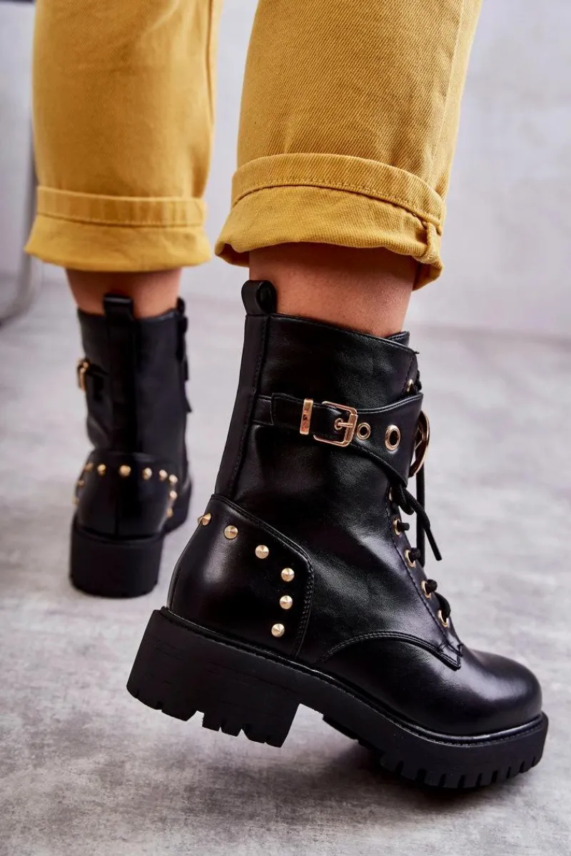 Outlet Boto Skórzane Damskie Botki Z Ćwiekami Czarne Leticia