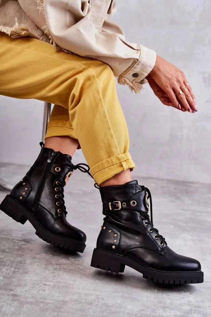 Outlet Boto Skórzane Damskie Botki Z Ćwiekami Czarne Leticia