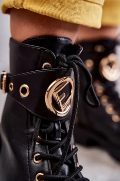 Outlet Boto Skórzane Damskie Botki Z Ćwiekami Czarne Leticia