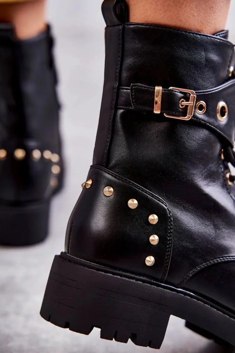 Outlet Boto Skórzane Damskie Botki Z Ćwiekami Czarne Leticia