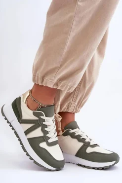 Sneakersy Damskie>Boto Skórzane Damskie Buty Sportowe Zielono-Beżowe Kabama