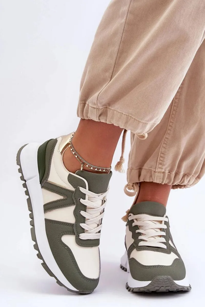 Sneakersy Damskie>Boto Skórzane Damskie Buty Sportowe Zielono-Beżowe Kabama