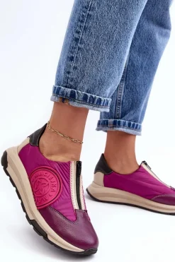 Clearance Skórzane Damskie Buty Sportowe 06296-15 Fuksja Damskie Buty Sportowe Na Platformie