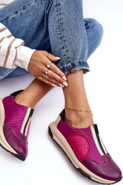 Clearance Skórzane Damskie Buty Sportowe 06296-15 Fuksja Damskie Buty Sportowe Na Platformie