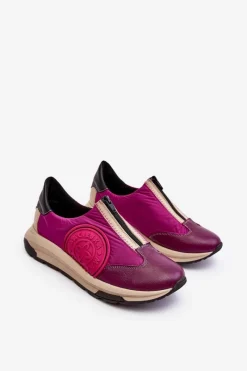 Clearance Skórzane Damskie Buty Sportowe 06296-15 Fuksja Damskie Buty Sportowe Na Platformie