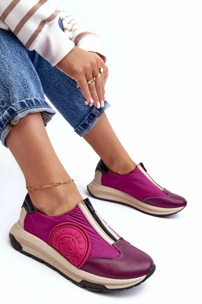 Clearance Skórzane Damskie Buty Sportowe 06296-15 Fuksja Damskie Buty Sportowe Na Platformie