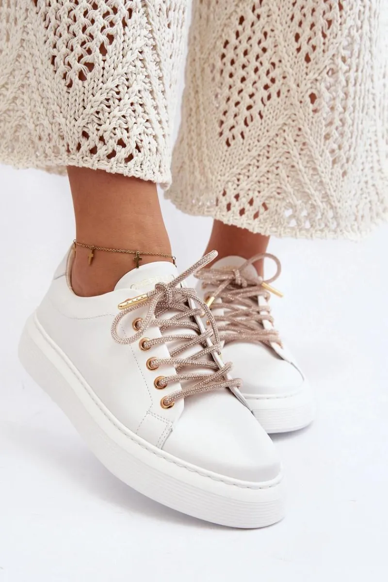 Buty Sportowe Na Platformie>CheBello Skórzane Damskie Buty Sportowe 4362 Białe