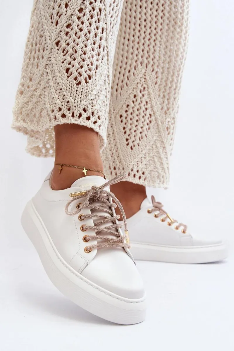 Buty Sportowe Na Platformie>CheBello Skórzane Damskie Buty Sportowe 4362 Białe