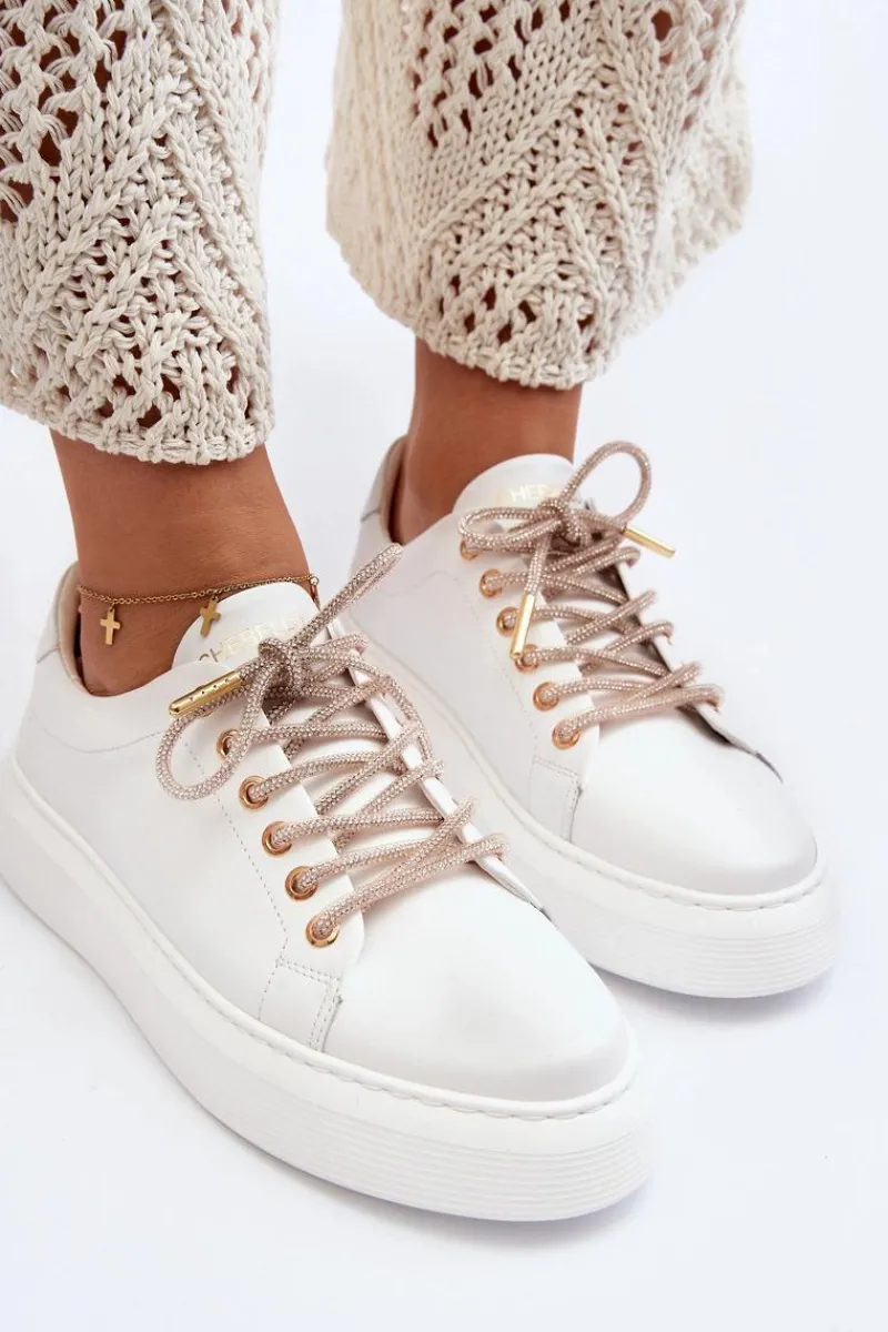 Buty Sportowe Na Platformie>CheBello Skórzane Damskie Buty Sportowe 4362 Białe