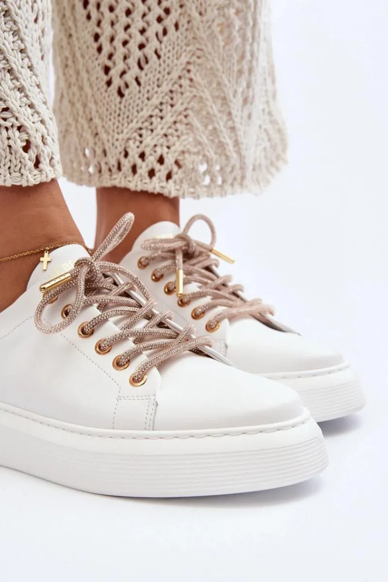 Buty Sportowe Na Platformie>CheBello Skórzane Damskie Buty Sportowe 4362 Białe