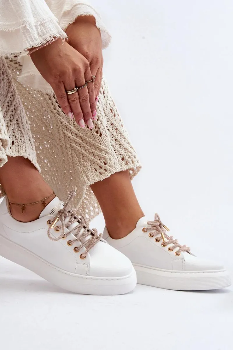Buty Sportowe Na Platformie>CheBello Skórzane Damskie Buty Sportowe 4362 Białe