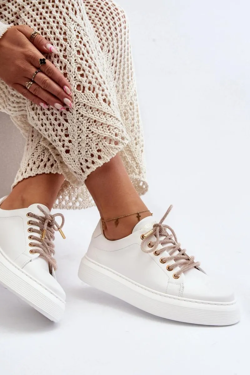 Buty Sportowe Na Platformie>CheBello Skórzane Damskie Buty Sportowe 4362 Białe