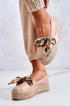 Sale Skórzane Damskie Espadryle Z Łańcuchem Beżowe Fancy Damskie Czarne Espadryle