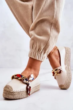 Czarne Espadryle>Boto Skórzane Damskie Espadryle Z Łańcuchem Jasnobeżowe Fancy