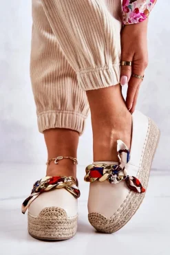 Czarne Espadryle></noscript>Boto Skórzane Damskie Espadryle Z Łańcuchem Jasnobeżowe Fancy