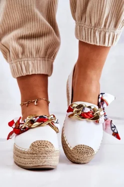 Best Boto Skórzane Damskie Espadryle Z Łańcuchem Białe Fancy