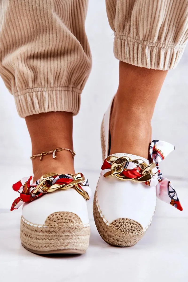 Best Boto Skórzane Damskie Espadryle Z Łańcuchem Białe Fancy