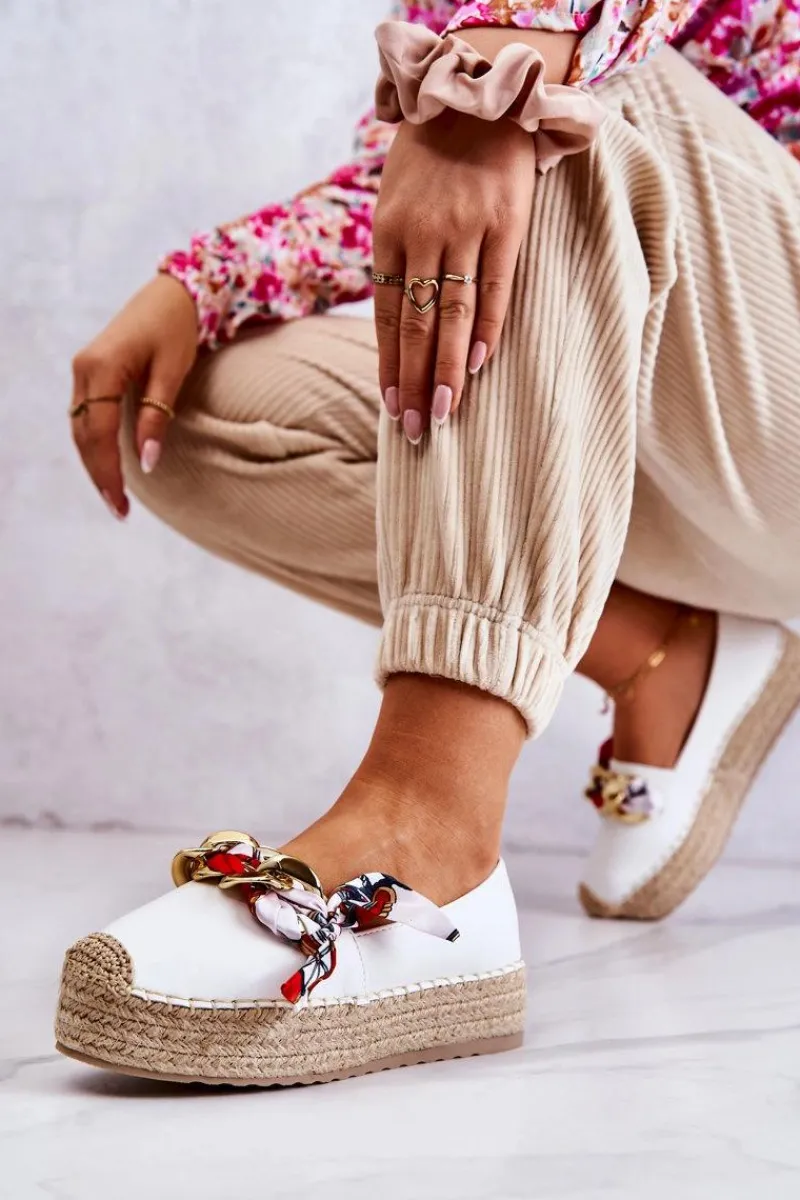 Best Boto Skórzane Damskie Espadryle Z Łańcuchem Białe Fancy