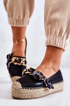 Best Skórzane Damskie Espadryle Z Łańcuchem Czarne Fancy Damskie Czarne Espadryle