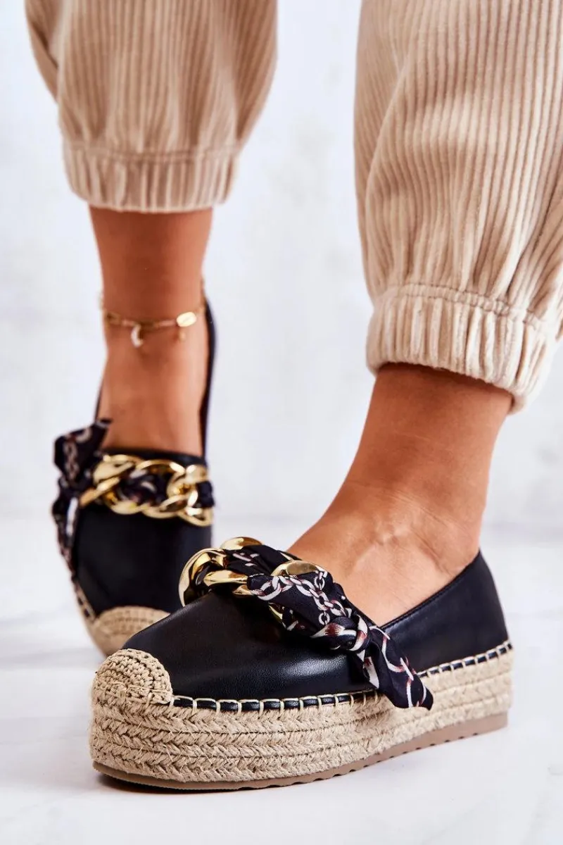 Best Skórzane Damskie Espadryle Z Łańcuchem Czarne Fancy Damskie Czarne Espadryle