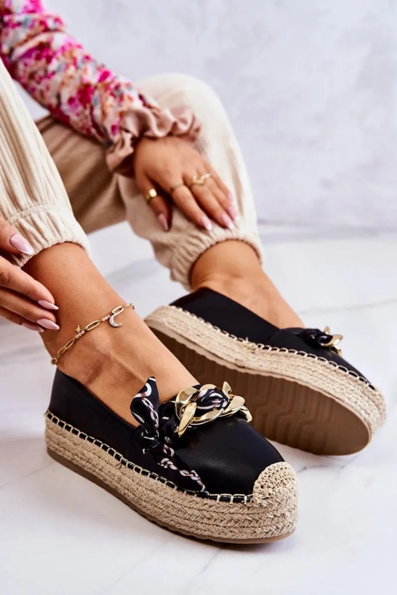 Best Skórzane Damskie Espadryle Z Łańcuchem Czarne Fancy Damskie Czarne Espadryle