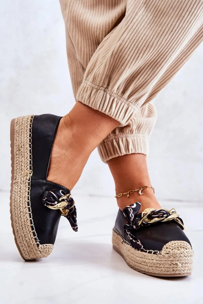 Best Skórzane Damskie Espadryle Z Łańcuchem Czarne Fancy Damskie Czarne Espadryle
