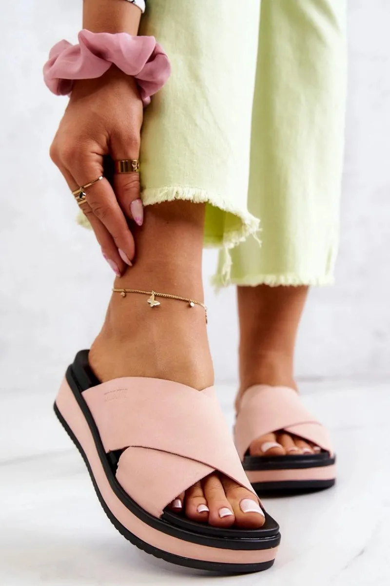 Discount Skórzane Damskie Klapki Big Star JJ274722 Różowe Damskie Klapki Damskie Big Star|Klapki Damskie Klasyczne