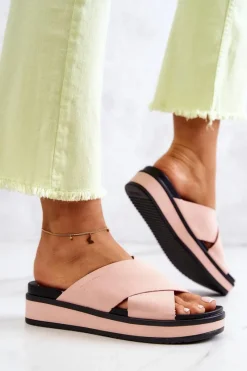 Discount Skórzane Damskie Klapki Big Star JJ274722 Różowe Damskie Klapki Damskie Big Star|Klapki Damskie Klasyczne