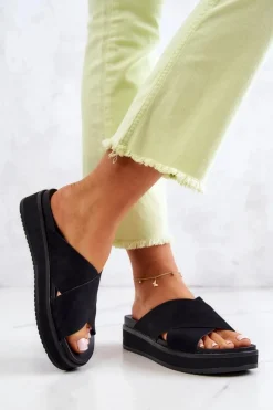 Best Big Star Shoes Skórzane Damskie Klapki Big Star JJ274721 Czarne