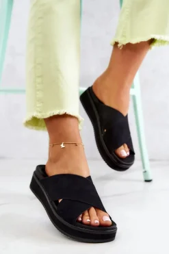 Best Big Star Shoes Skórzane Damskie Klapki Big Star JJ274721 Czarne