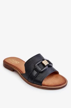 Clearance Skórzane Damskie Klapki Lewski Shoes 3270 Czarne Damskie Klapki Damskie Klasyczne