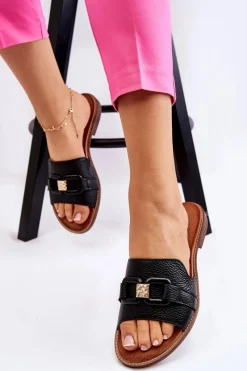 Clearance Skórzane Damskie Klapki Lewski Shoes 3270 Czarne Damskie Klapki Damskie Klasyczne
