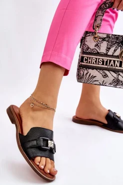 Clearance Skórzane Damskie Klapki Lewski Shoes 3270 Czarne Damskie Klapki Damskie Klasyczne
