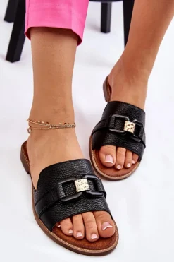 Clearance Skórzane Damskie Klapki Lewski Shoes 3270 Czarne Damskie Klapki Damskie Klasyczne